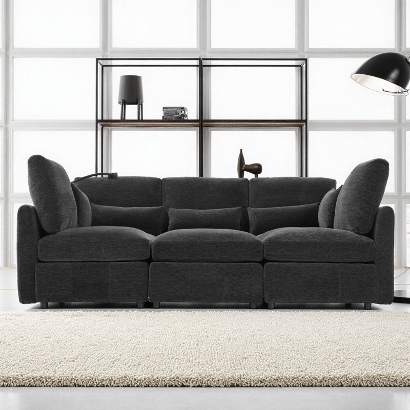 Black Chenille Modular Sectional Sofa with Movable Ottoman & USB Charger, Black