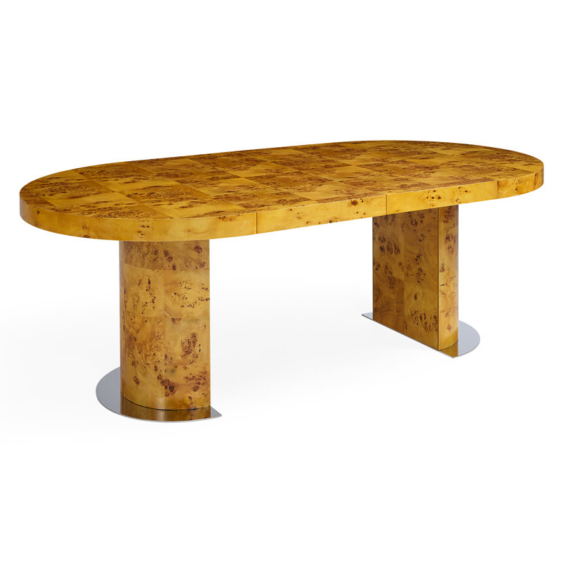 Honey-Hued Round Extendable Wood Dining Table with Nickel Base