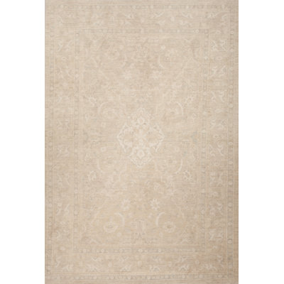 Tapis de zone en laine beige noué la 6 pi x 9 pi one-of-kind