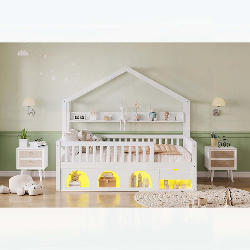 Cadre de lit simple pour enfants avec garde-corps de sécurité, rangement sous le lit et veilleuse à DEL, parfait pour un sommeil créatif et sécuritaire