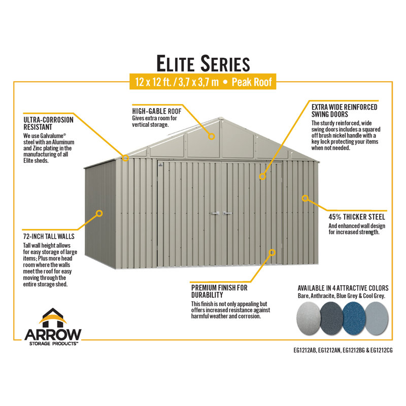 Elite 12' x 12' Cool Grey Steel Storage Shed Kit
