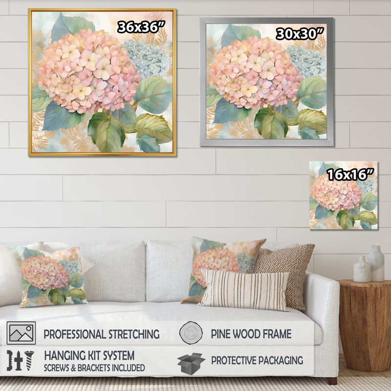 Rétro bouquet d'hortensias rétro pastel I sur toile, H 30 po x l 30 po, Cadre flottant doré