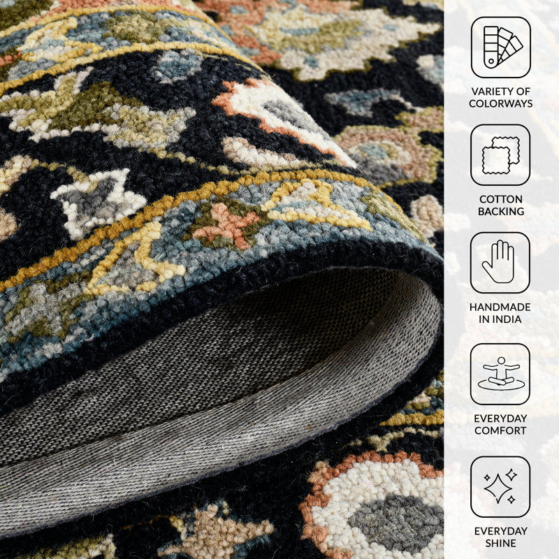 Dharmendera Traditional Black Hand-Hooked Area Rug, Rectangle 9' x 13'