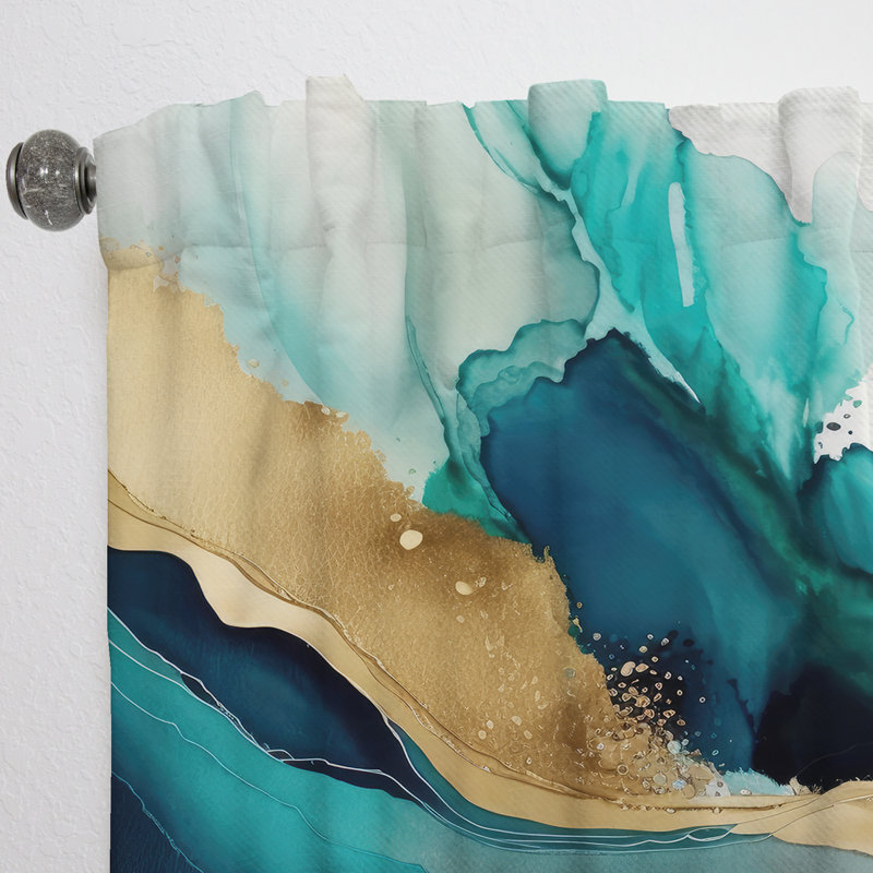 Rideau abstrait en velours bleu sarcelle et doré Abstract Expression II, L 52 po x L 95 po