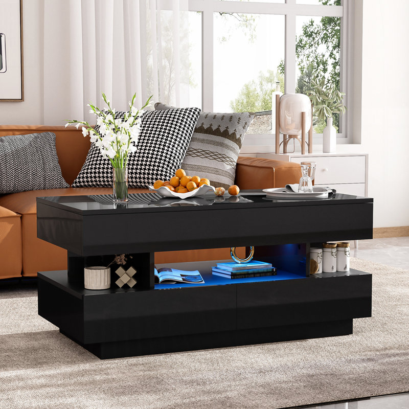 Table basse relevable avec 2 tiroirs, table multifonctionnelle moderne avec compartiment caché et finition ultrabrillante pour le salon