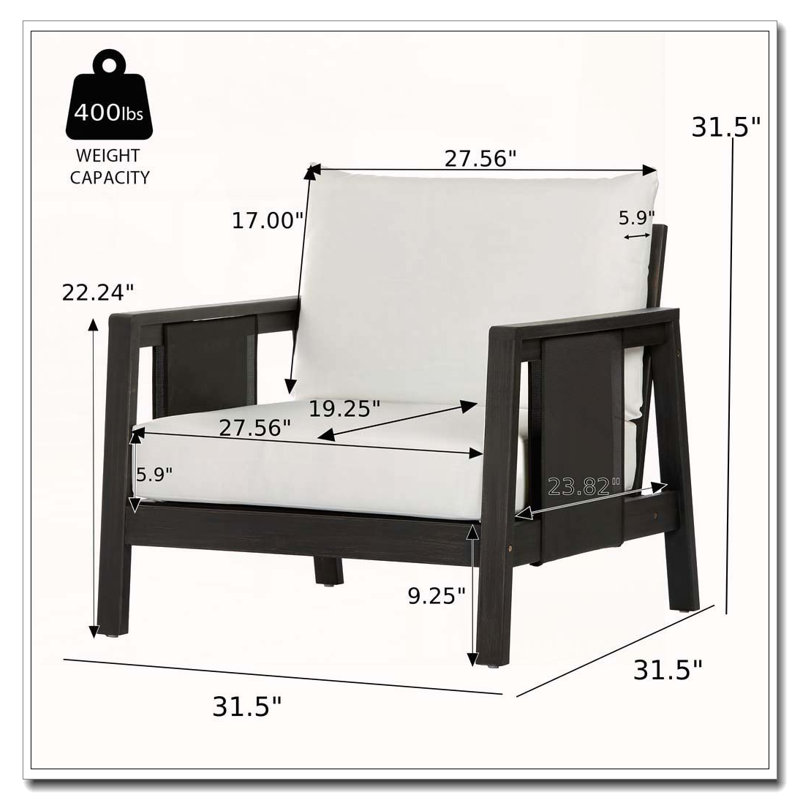 Fauteuil club d'extérieur, coussins blancs hydrofuges