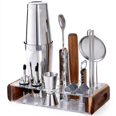 Ensemble barman avec support Mixology - ensemble de 15 outils de bar, ensemble de bar à cocktail argenté pour mélanger les boissons - comprend un martini shaker, un jigger, une crépine, une cuillère de mixage de bar, des pinces, un ouvre-bouteille | 