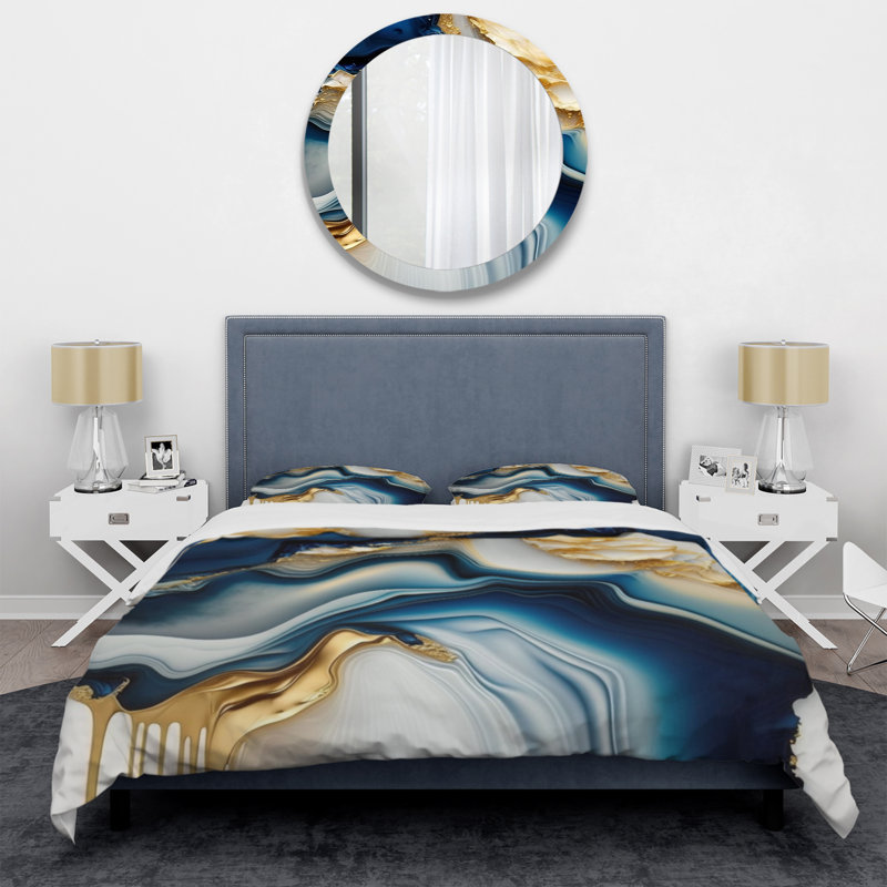 Ensemble de housse de couette abstrait en polyester et microfibre Abstract Geode Gold and Blue Marble II