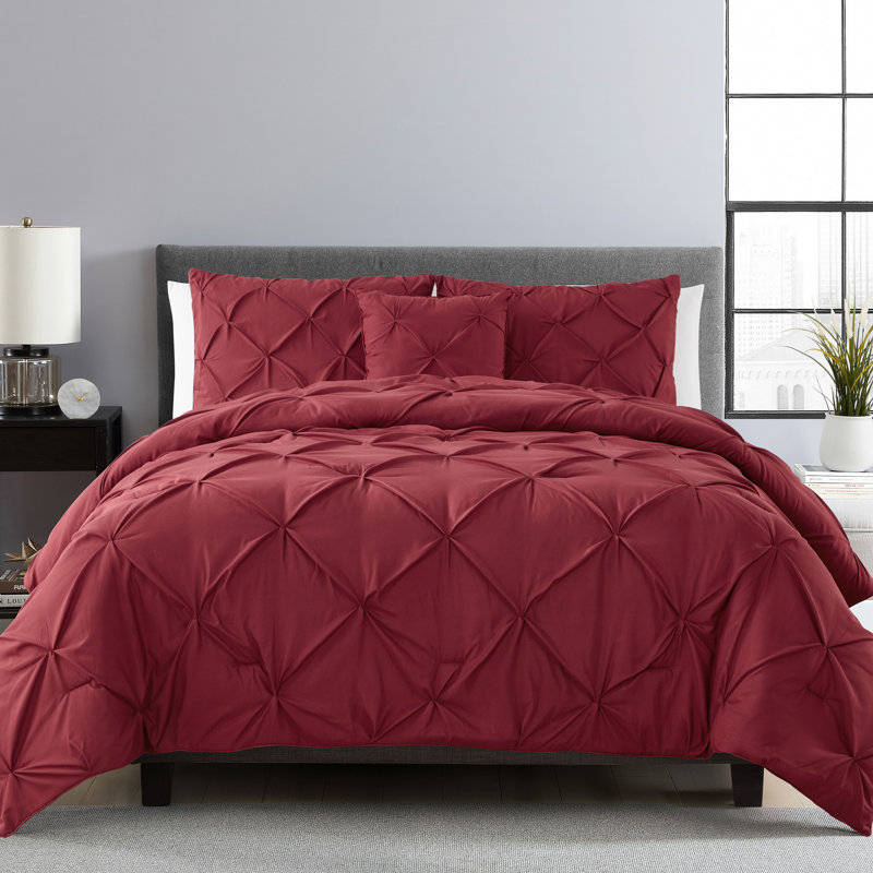 Carmen 3-Piece Pintuck Comforter Set, Burgundy, Queen Comforter + 2 Shams + 1 Throw Pillow