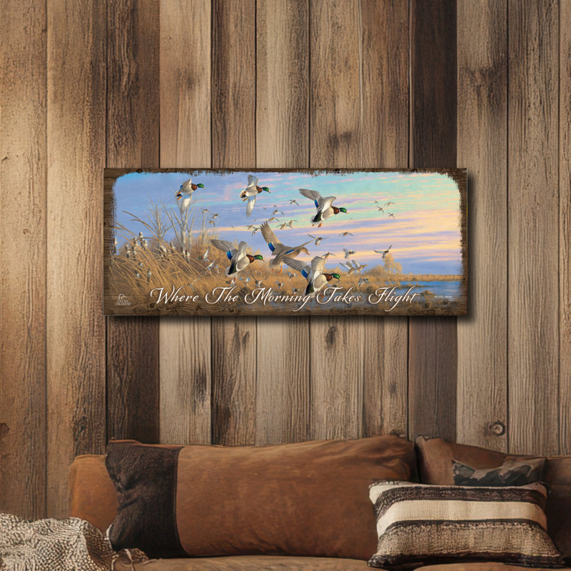 Lâcher de canards colverts, panneau de 30 x 76 cm, là où le matin prend son envol