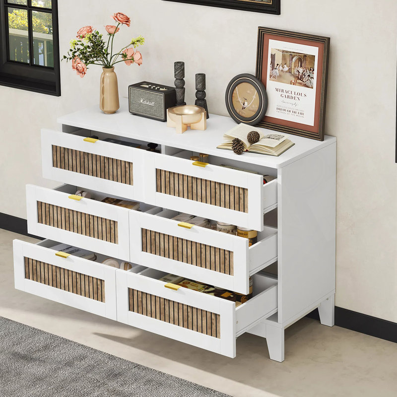 Commode horizontale en bois manufacturé à 6 tiroirs, Blanc