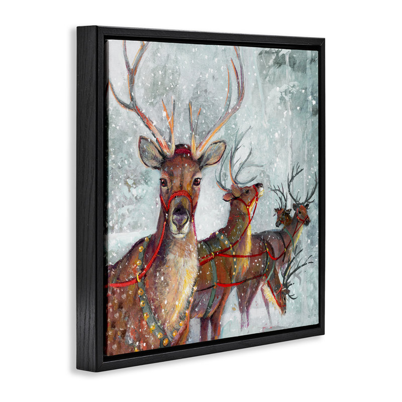 «Winter Reindeer Holiday Landscape», art mural encadré noir sur toile flottante par Ruane Manning, H 18 po x l 18 po