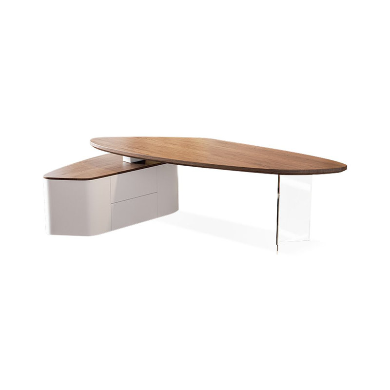 Bureau à 2 tiroirs brun noisette + blanc-uni de forme libre + bois manufacturé + acrylique, Retour à gauche