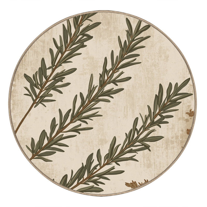 Machine Washable Ottwell Rosemary Country Rustic Vintage Look Rug in Beige – Beige Binding, 5' Round