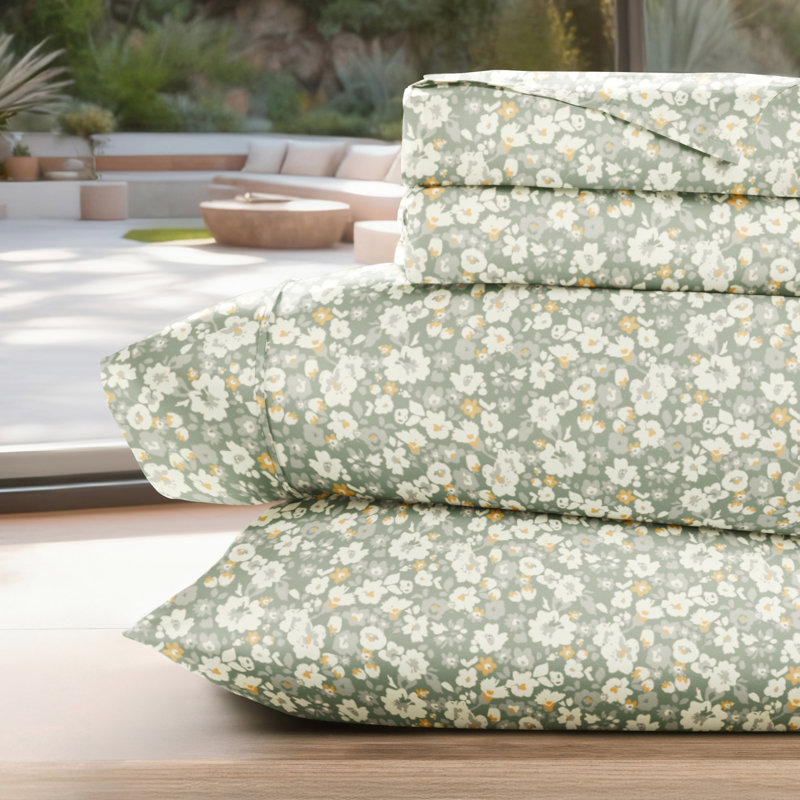 Ensemble de draps en microfibre à motif floral 4 pièces, Grand, Floral Dream Eucalyptus