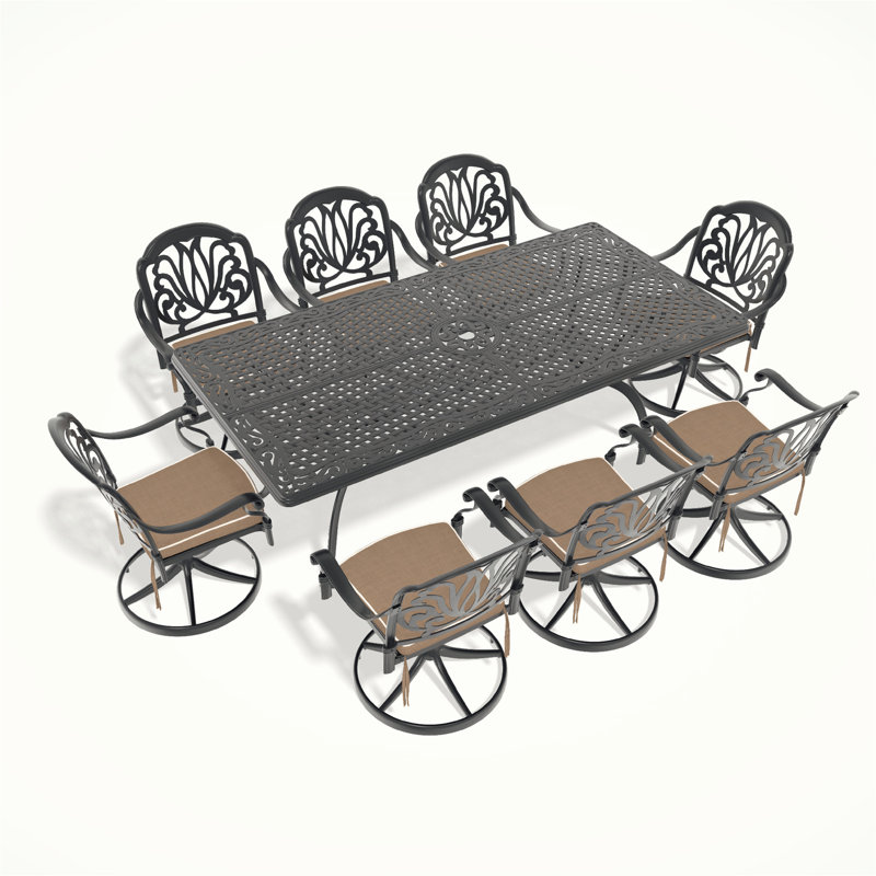 Ensemble de salle à manger toutes saisons en fonte d'aluminium avec chaises pivotantes et table rectangulaire pour profiter de l'extérieur