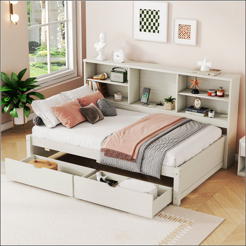 Cadre de lit simple avec tablettes latérales, Blanc crémeux