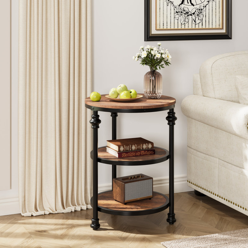 3-Tier Round Side Table, Accent Table with Storage Shelf and Metal Legs, Bed End Table/Night Stand for Bedroom, Small Spaces, Living Room