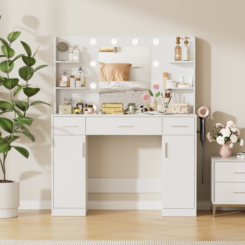 Coiffeuse avec prise de courant Lumina et 3 lumières réglables, table de maquillage avec 3 tiroirs, 2 armoires