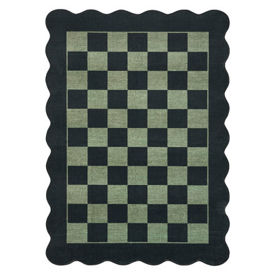 Modern Checkered Rug 5x7 Washable Rug for Living Room Non Slip, Indoor Scalloped Printed Carpet, Low Pile Thin Foldable Floor Mats, Soft Non Shedding Floor Cover for Bedroom Nursery, Green