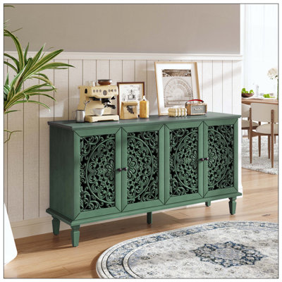 Antique Buffet Cabinet With Floral Carvings With Antique Brass Handles & Adjustable Shelves, TV Stand For TV, Sideboard For Living Room, Dining Room