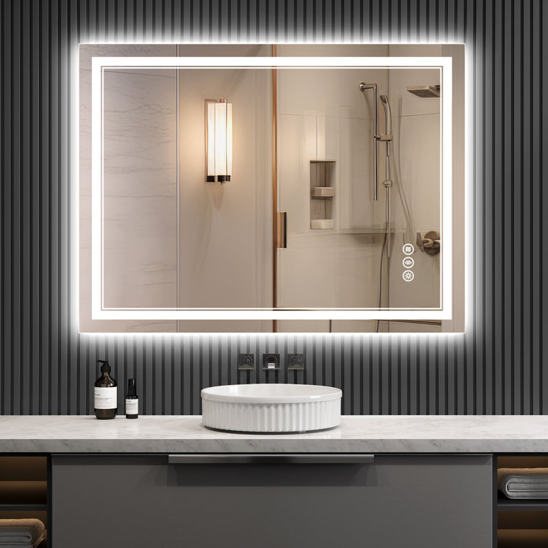 LED Lighted Bathroom Mirror: Front and Backlit, Tempered Glass, 3 Colors, Dimmable, CRI 90+, Defog, 36" x 48"