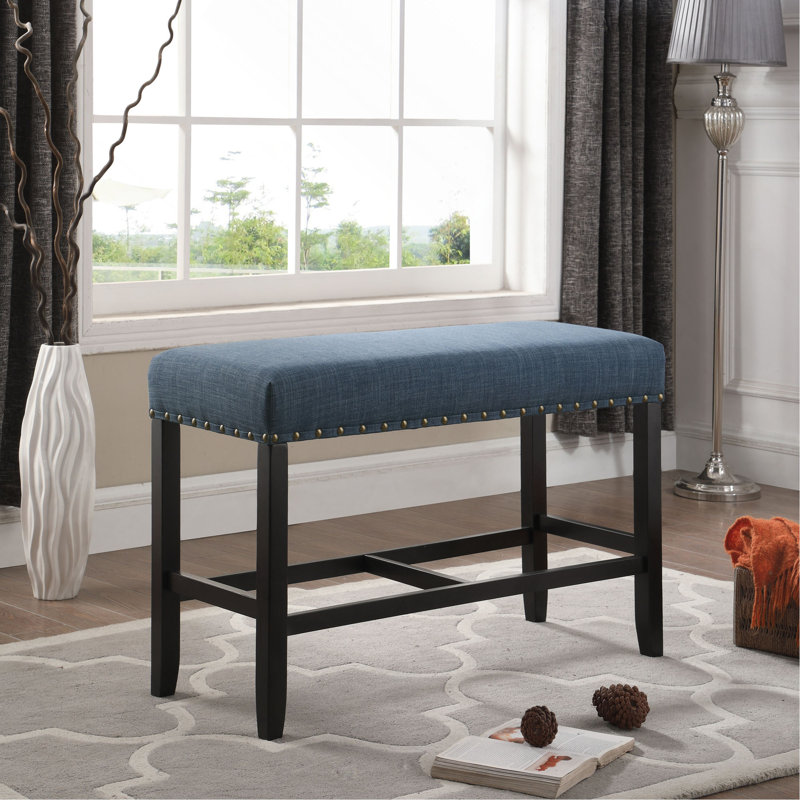 Fabric Counter Height Dining Bench with Nailhead Trim, Blue