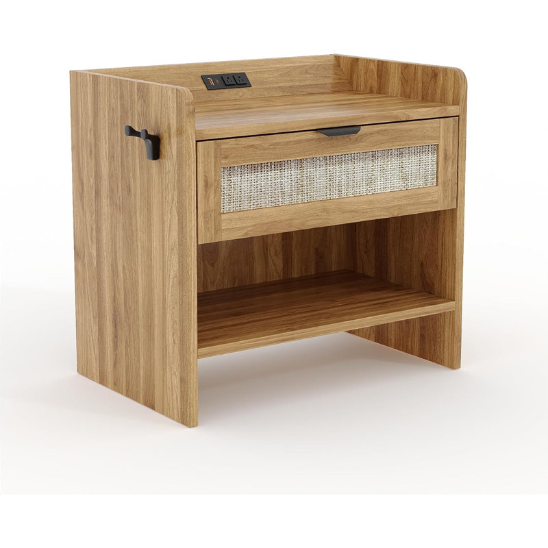 Rattan Boho Nightstand with Charging Station (1 Type-C, 1 USB, 2 Outlets), Sturdy Side End Table with Storage, Easy Assembly for Bedroom Living Room
