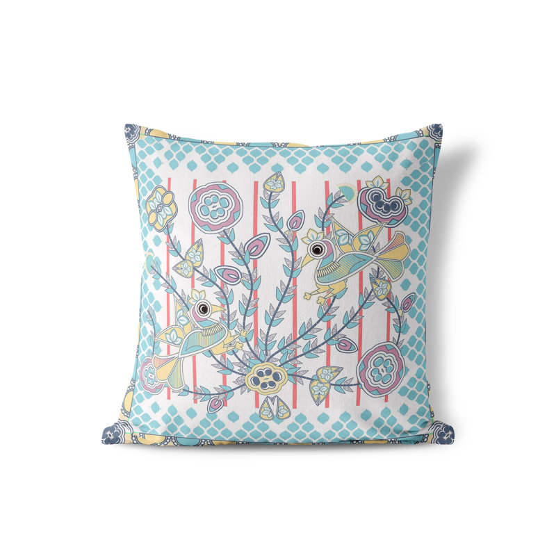 Aquatic Peacock Polyester Throw Square Pillow Cover & Insert, Blue/Yellow, 16" x 16"