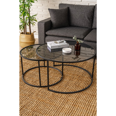 Modern Coffee Table Set (2 Pieces), Black Tempered Glass & Metal Frame, Small Table: 23.6 x 15.4 x 23.6 inches | Large Table: 31.5 x 16.9 x 31.5 inches | Industrial Style, Durable Design for Living Room & Lounge Spaces
