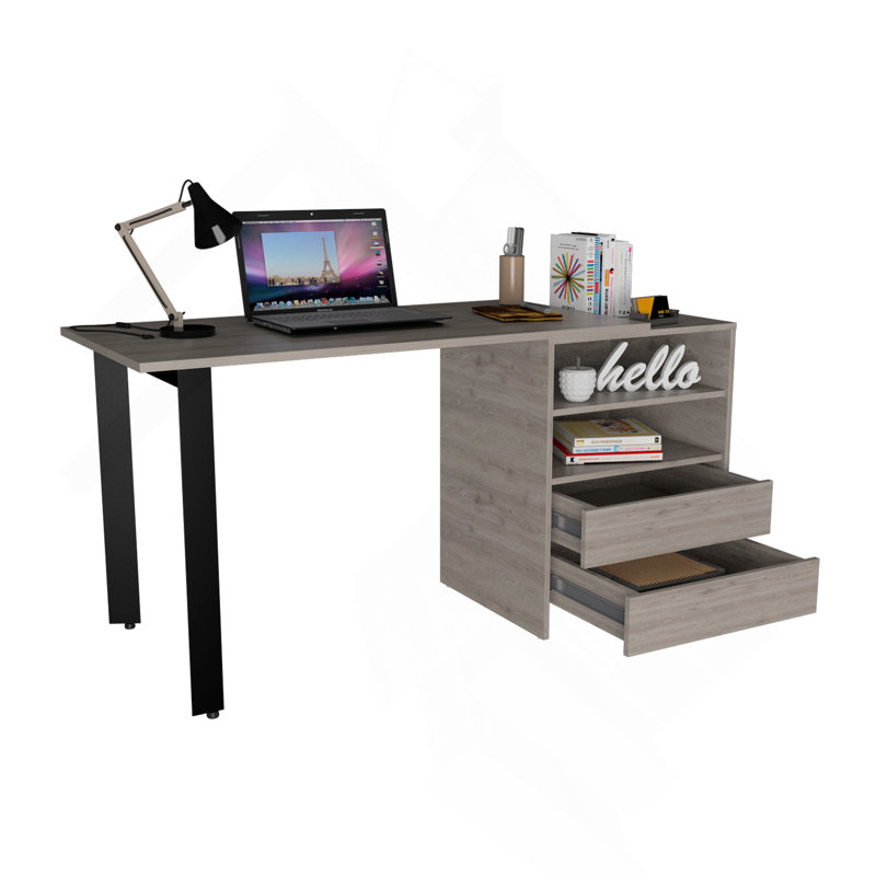 Bureau Malaui 120, deux pieds, deux tiroirs, deux tablettes - gris clair, Gris