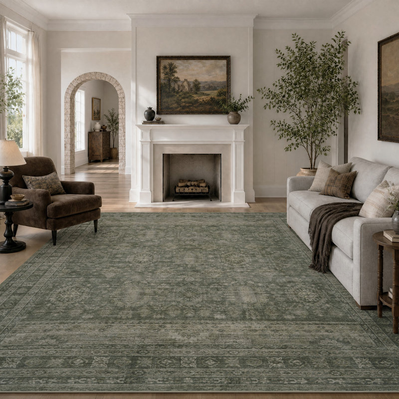 Tapis oriental délavé lavable antidérapant vert / gris, Green, Rectangle 9 pi x 12 pi