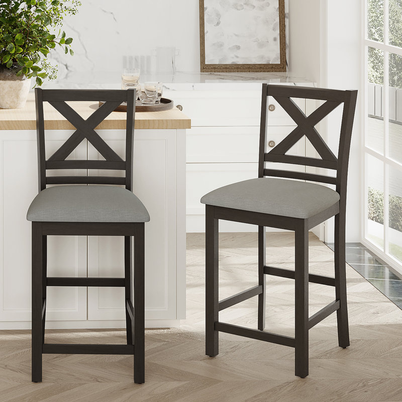 Tabouret de bar et de comptoir revêtu de tissu en bois massif avec repose-pieds Fabiola, Gris foncé