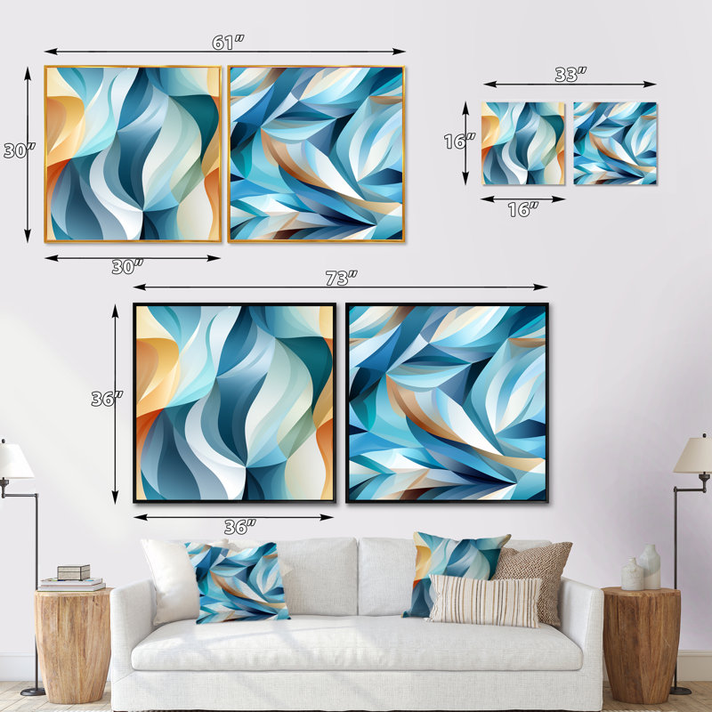 «Blue Geometric Wave Tranquility - Abstract Collages Square», ensemble de 2, Cadre flottant noir, H 16 po x l 33 po