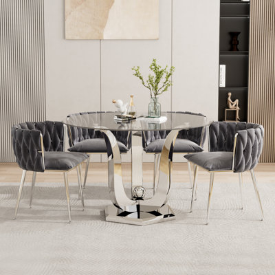 38.9" Round Tempered Glass Dining Table Set For 4, Modern Kitchen Table With Silver Stainless Steel Base & 4 Velvet Upholstered Chairs, 5 Piece Dining Room Set For Apartment, Home