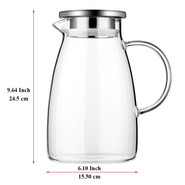 1.5 Liter 51 oz Glass Pitcher with Lid, Glass Water Pitcher for Fridge, Glass Carafe for Hot/Cold Water, Iced Tea Pitcher, Large Pitcher for Coffee, J