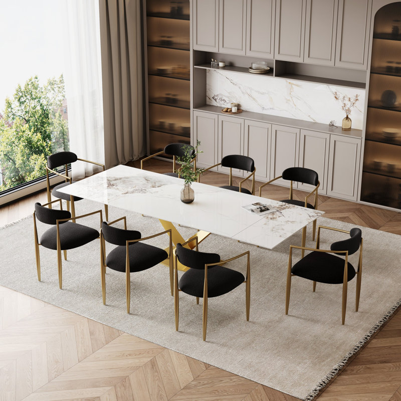 Ensemble de salle à manger 9 pièces avec chaises en tissu extensible 94,48 po Harison, Noir / or, Blanc montagne enneigée