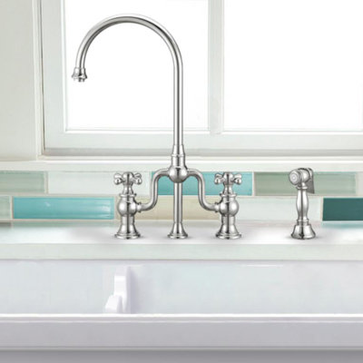 Whitehaus Collection Bridge Faucet with Gooseneck Swivel Spout and Solid Brass Side Spray