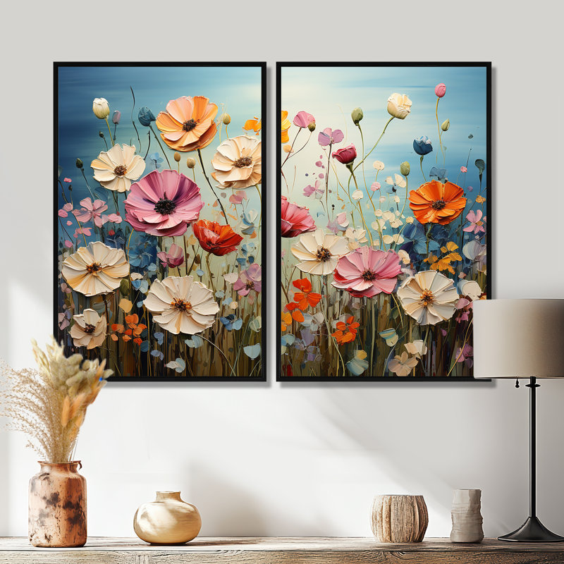 Fleurs abstraites dansantes - pétales dansants - art mural traditionnel 2 panneaux, 36" H x 48" W, Black