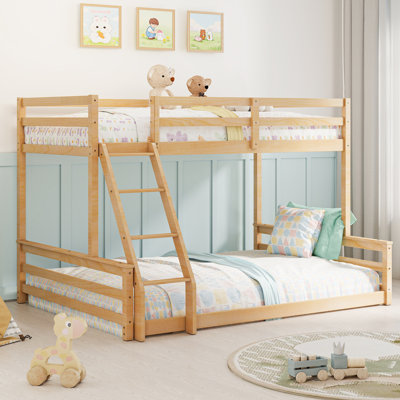 Twin Over Full Solid Wood Bunk Bed With Ladder & Full Guardrails, Natural Wood