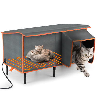 Maison de chat chauffée pour chats d'extérieur, maison de chats d'extérieur avec coussin chauffant pour l'hiver, maisons de chat chauffées isolées et résistantes aux intempéries, abri pour animaux chauffé et surélevé