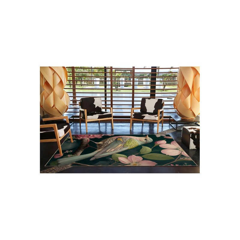 Flying Bird And Branch Flower Patterned Washable Carpet, Runner 2'6" x 9'11"