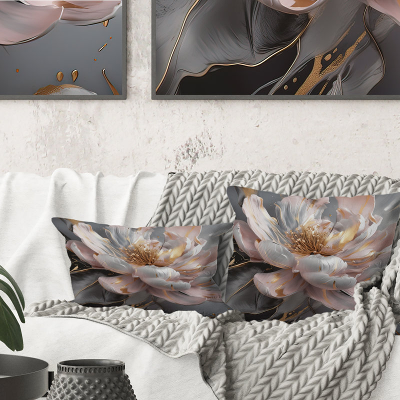 Marbre rose doré, pivoine fleur III - coussin abstrait en marbre, 12" x 20"