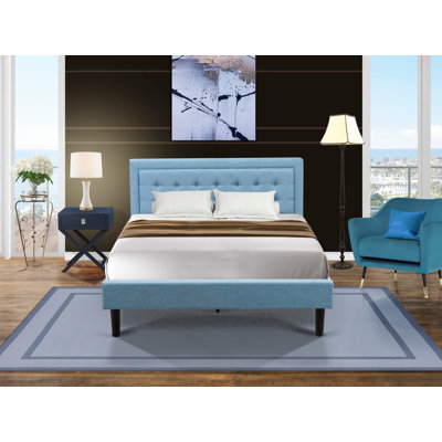 Ensemble de lit plateforme grand 2 pièces avec 1 lit plateforme et une table de bout pour la chambre à coucher - Fabrication fiable et durable - Tissu en lin bleu denim