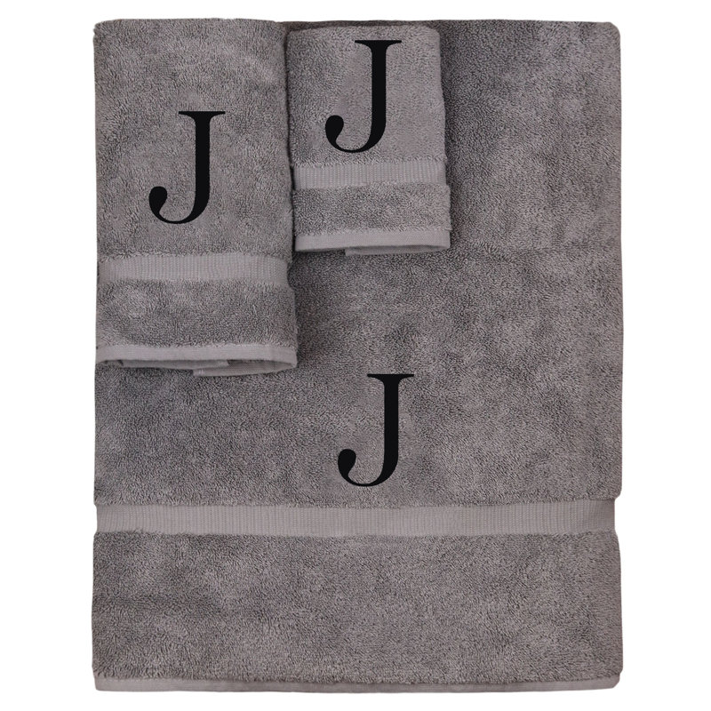 Ensemble de serviettes monogrammées - ensemble de 3 - lettre-bloc, J, Gris/noir