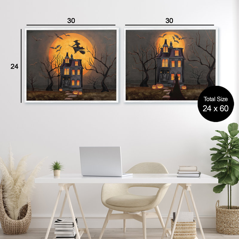 Maison hantée avec lune, ensemble de 2 giclées encadrées, design par Nicole Tamarin, H 24 po x l 60 po