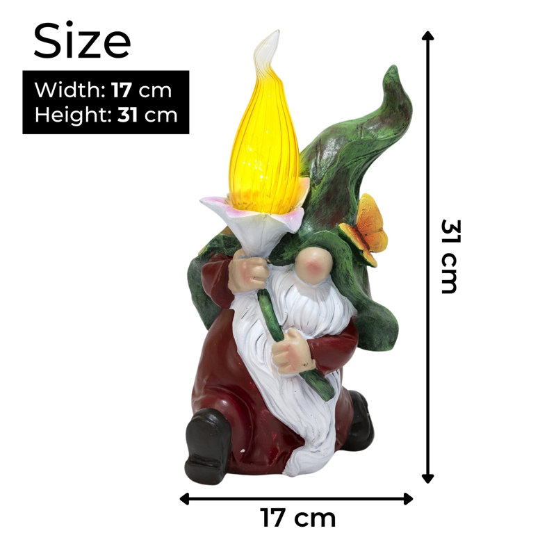 Gnome en polyrésine vert-rouge avec torche solaire à DEL
