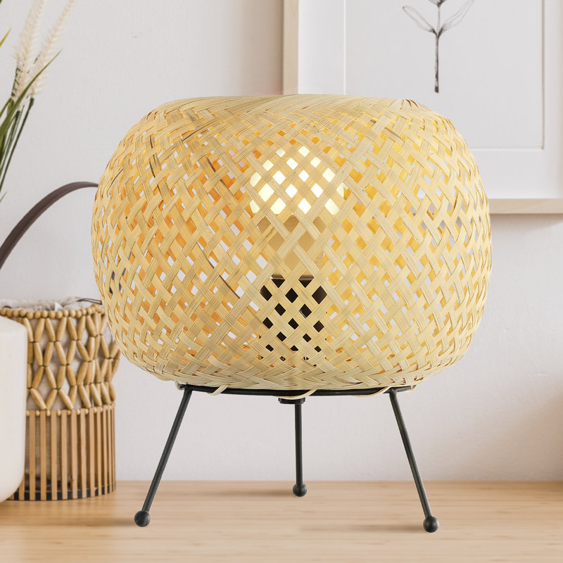 Mini lampe de table DEL en fer / rotin bohémien 10,75 po avec ampoule intelligente, brun / brun