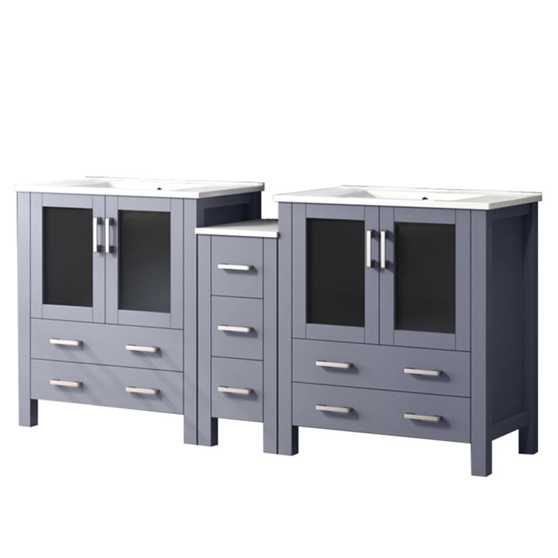 72 po Meuble-lavabo double large gris foncé avec armoire latérale, comptoir en céramique blanche, structure en bois massif, fermeture en douceur, 2 armoires intérieures, 7 tiroirs pour rangement spacieux, fabrication