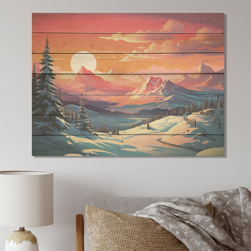 Winter Mountain Sunset Landscape - Winter Mountains on Wood Print, H 34 po x l 44 po x P 0,78 po